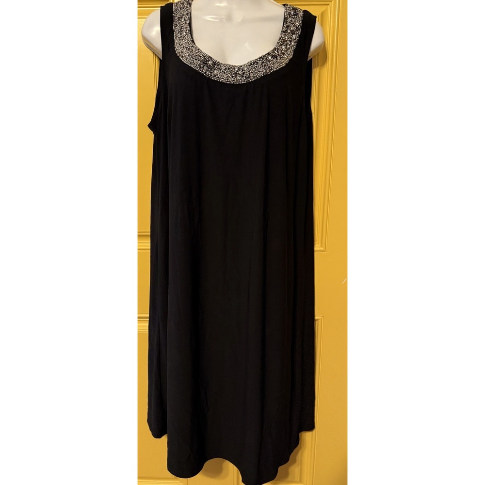 R&M Richards Womens Black Dress Beaded Neck Sleeveless Knee Length Resort SZ 14W